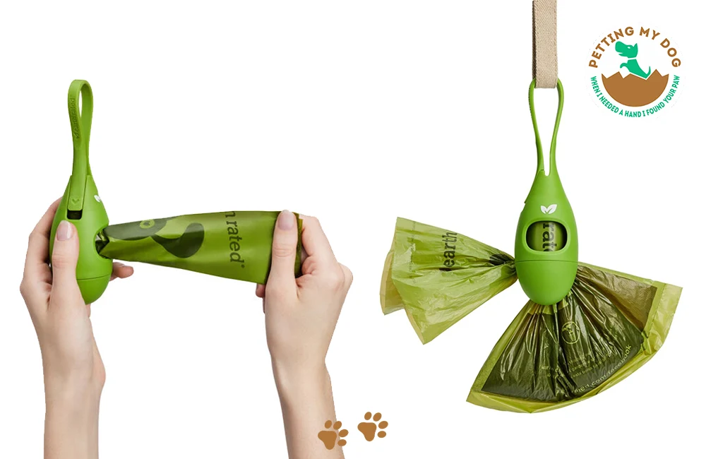 Earth Rated dog poop bag easily used with lightweight earth rated leash dispenser